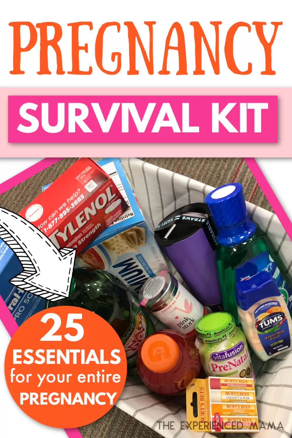 basket with pregnancy-related items and text overlay "pregnancy survival kit - 25 essentials for your entire pregnancy"