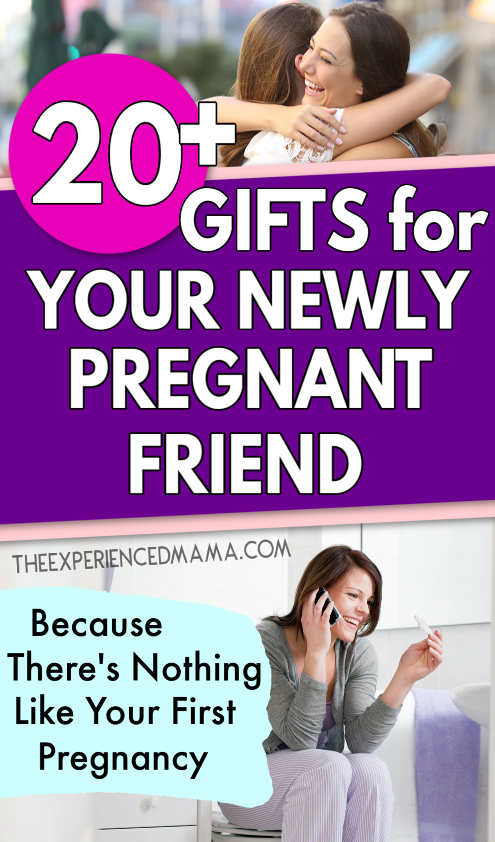 friends hugging after one friend gives newly pregnant friend a gift, woman sharing good news of pregnancy with friend