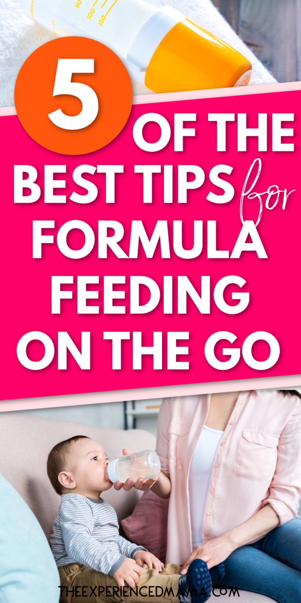 formula feeding concept with text overlay, "5 of the best tips for formula feeding on the go"