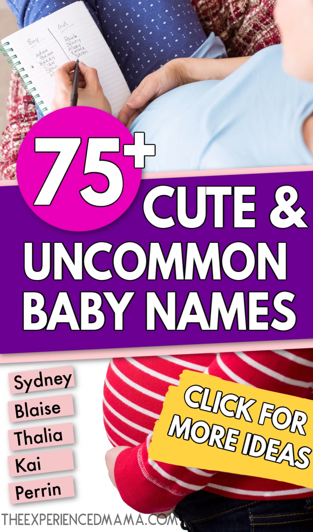 list of cute and unique baby names next to pregnant mom's baby bump with overlay, "75 cute and uncommon baby names"