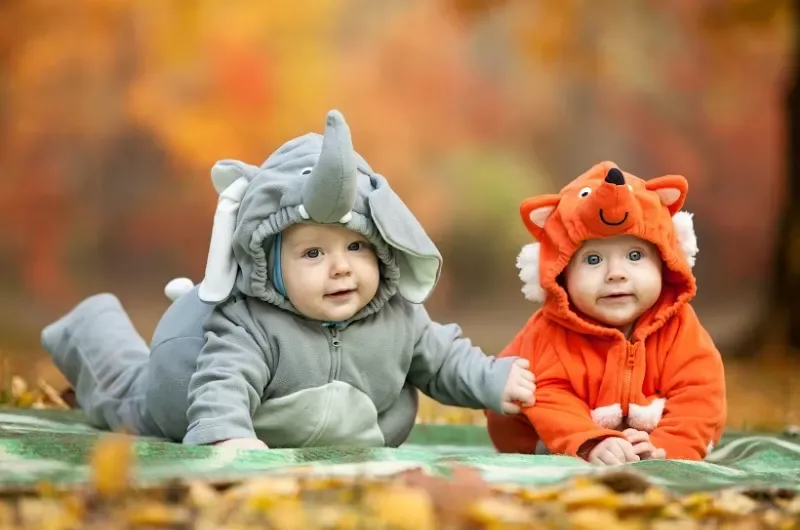 babies dressed in whimsical animal costumes, laying on a blanket out in nature