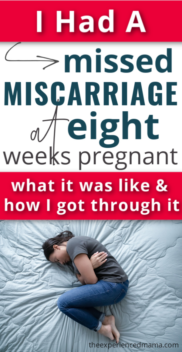 woman grieving miscarriage, crying on bed, with text overlay, "I had a missed miscarriage at 8 weeks pregnant"