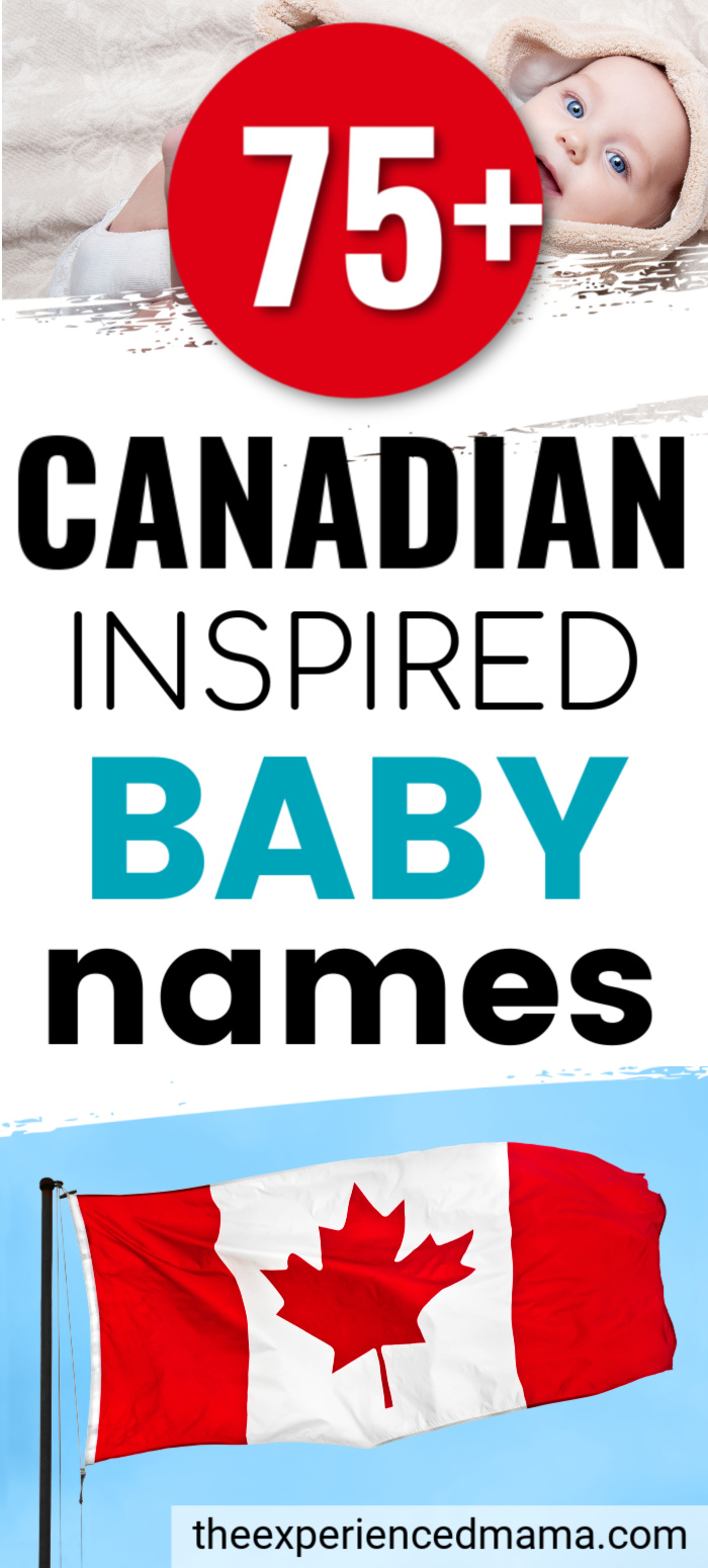 blue-eyed Canadian baby, Canadian flag, with text overlay "75 Canadian inspired baby names".
