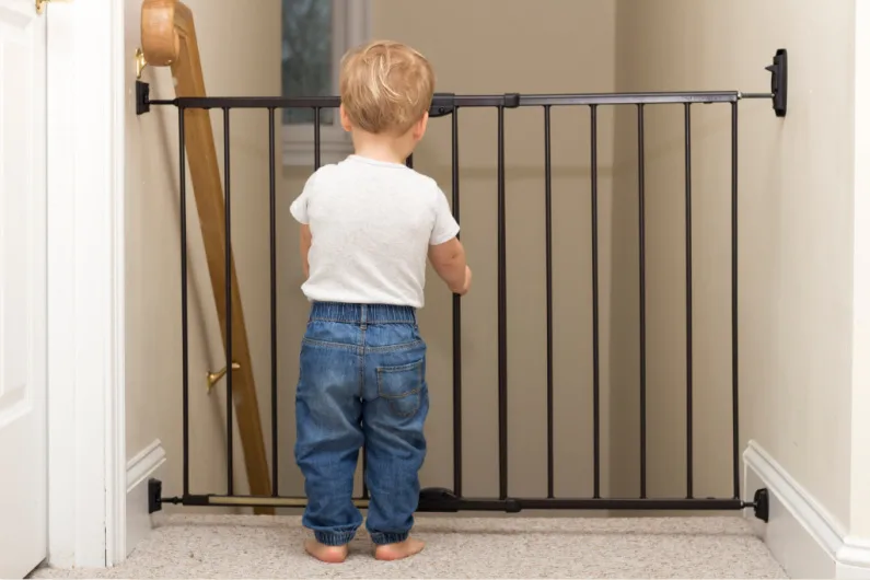 toddler holding onto baby gate looking down the stairs
