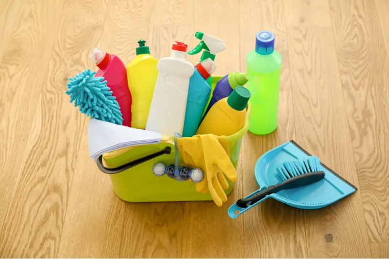 cleaning products in a bucket