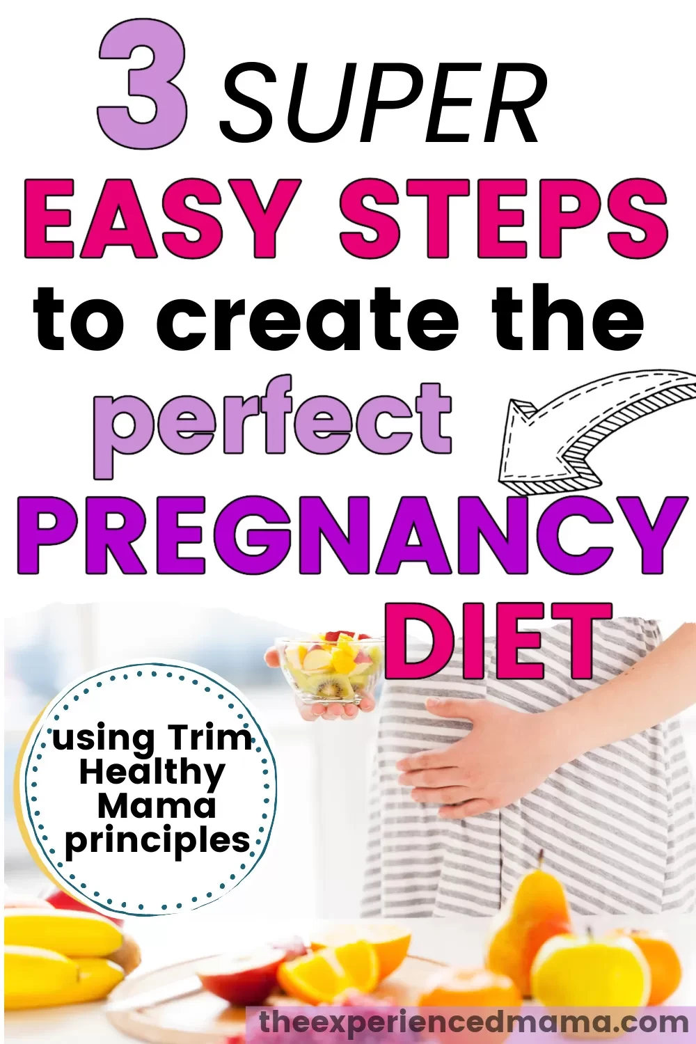 pregnant mom working on eating a THM pregnancy diet, with text overlay, "3 super easy steps to create the perfect pregnancy diet"