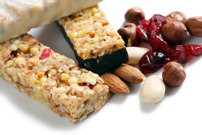 healthy snacks for hospital bag, granola bars and trail mix on white