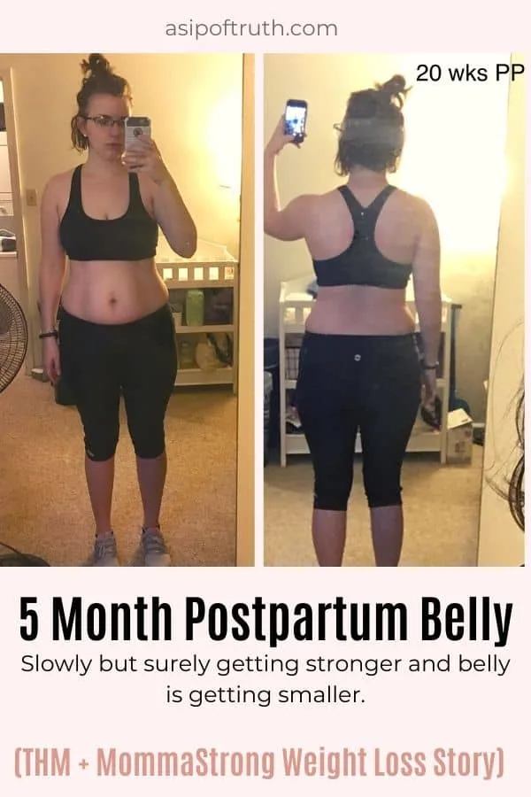 author's 5 month postpartum belly with text, "slowly but surely getting stronger and belly is getting smaller".