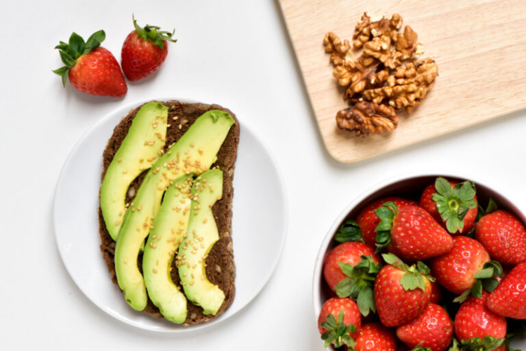 healthy breastfeeding snacks - avocado, strawberries and nuts