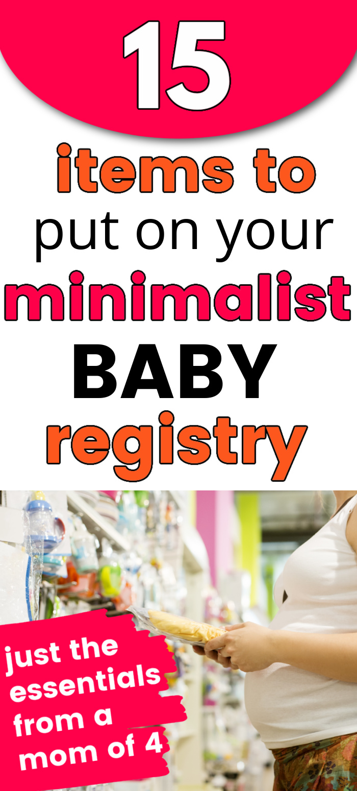 pregnant mom holding baby item in store, wondering what to put on baby registry, with text overlay, "15 items to put on your minimalist baby registry"