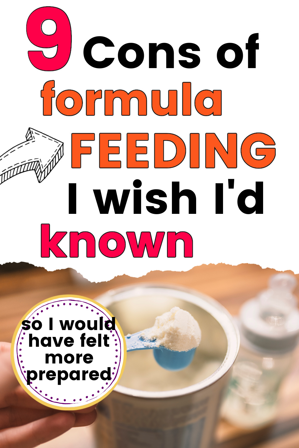 scoop full of formula with text overlay, "9 cons of formula feeding I wish I'd known".