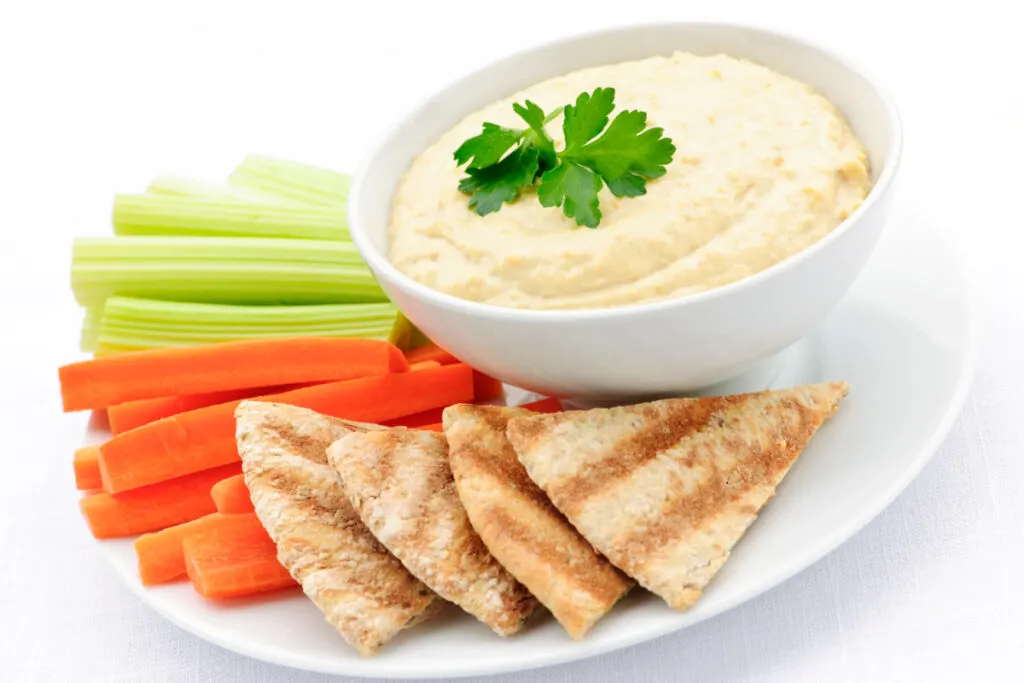 carrots, celery and pita with hummus