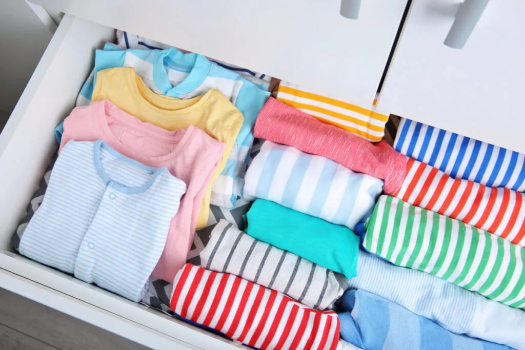 baby clothes file folded in drawer