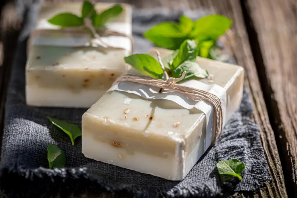 handmade soap bars tied with mint for sustainable baby shower favors