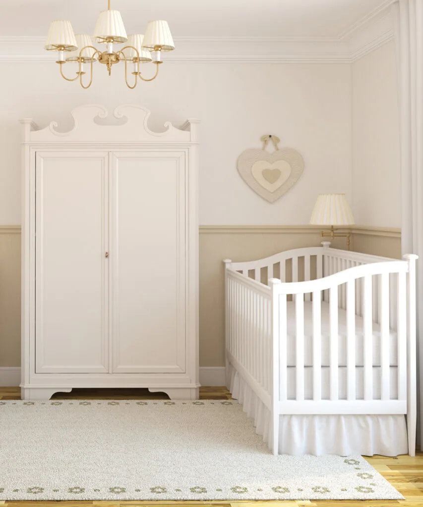 cozy nursery with armoire instead of closet for baby clothes