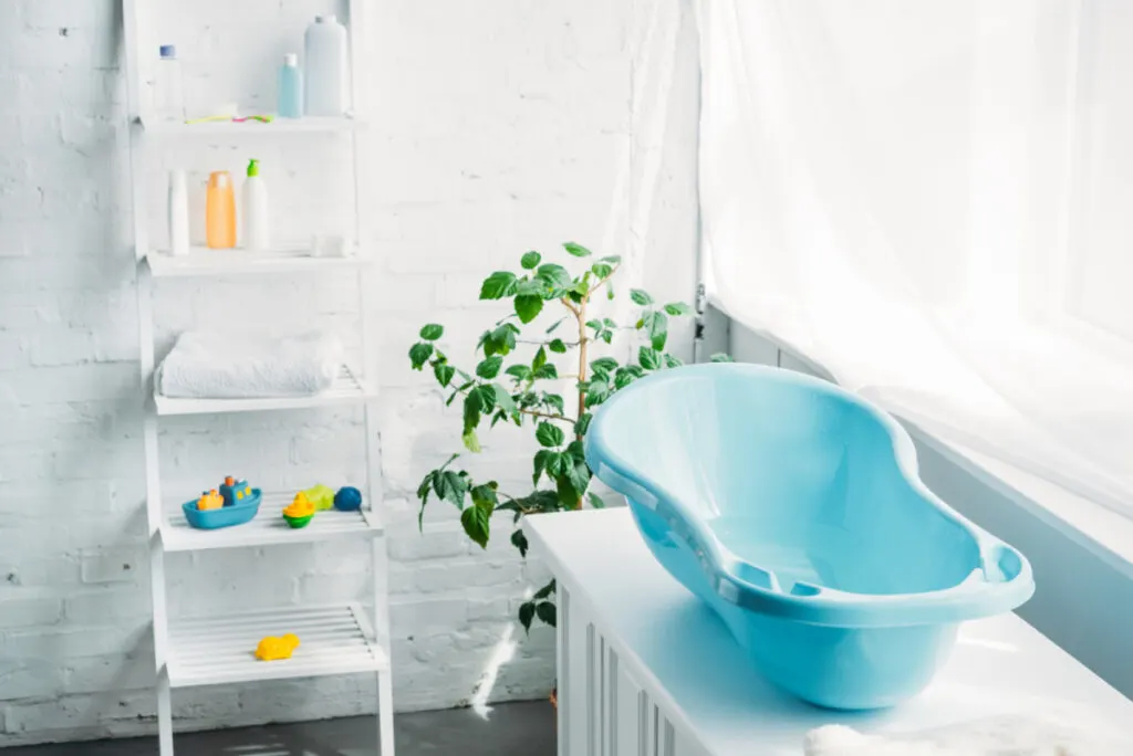 baby bath sitting on countertop