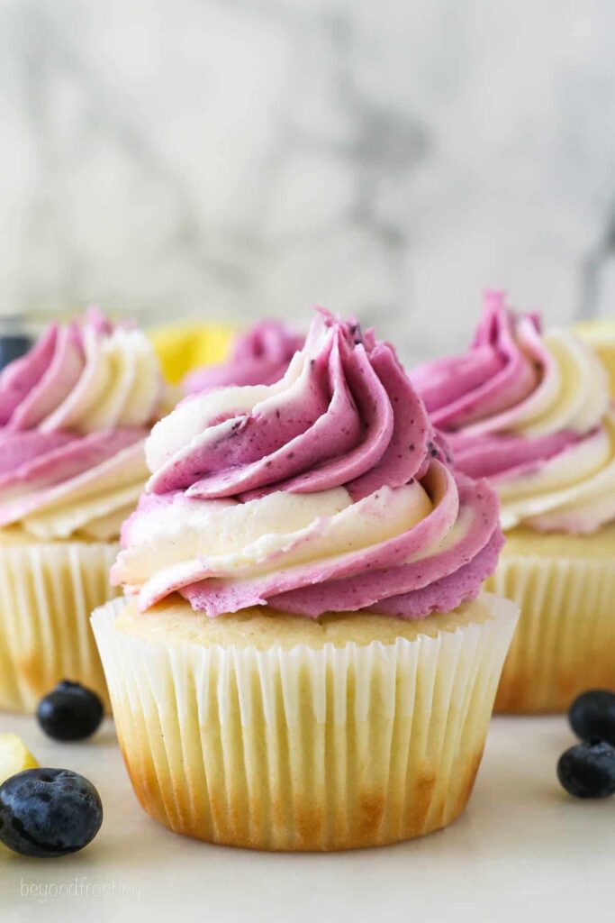lemon cupcakes with swirled blueberry lemon frosting, surrounded by blueberries.