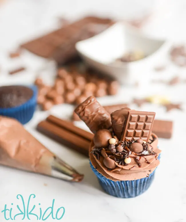 chocolate cupcakes with chocolate candies.