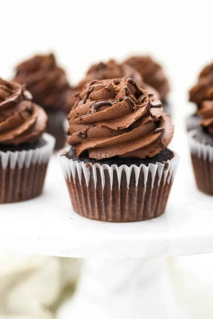 chocolate ganache cupcakes with dark chocolate frosting and chocolate drizzle.