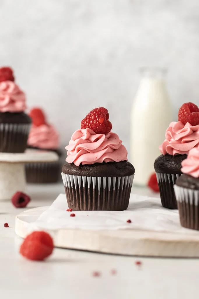 chocolate raspberry cupcakes with raspberry frosting and fresh raspberries on top, milk bottle in background.