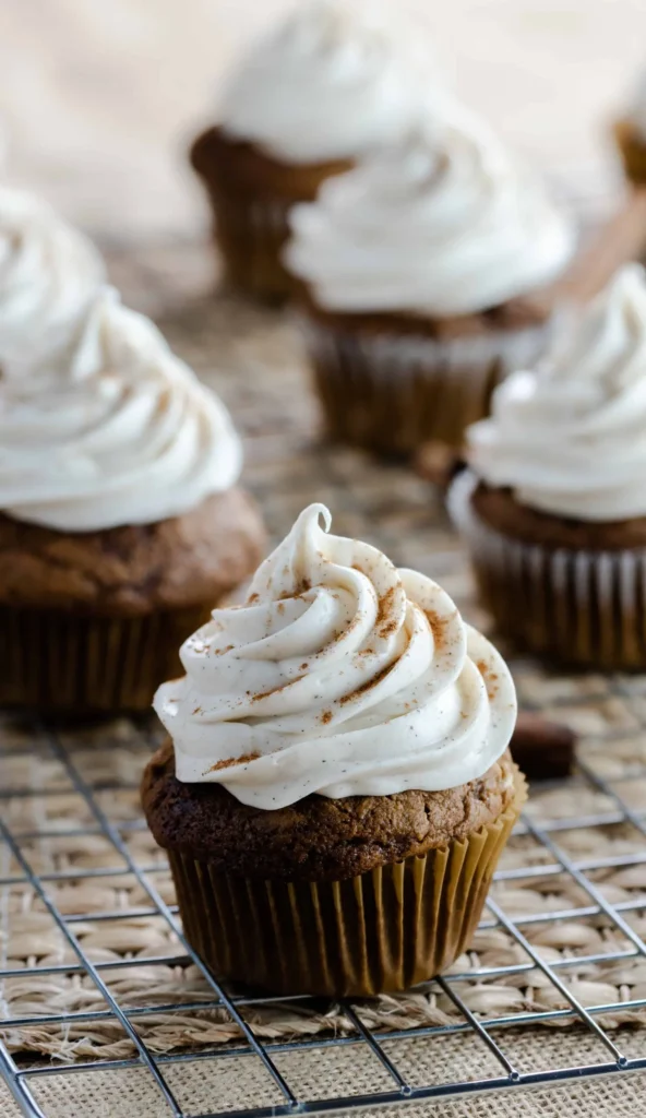 Gingerbread cupcakes on cooling rack, with sprinkled cinnamon on the cream cheese frosting.