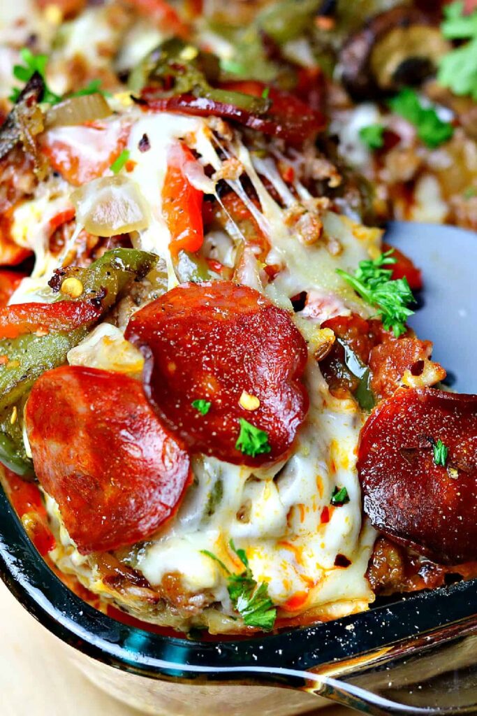 keto pizza casserole in dish - no crust.