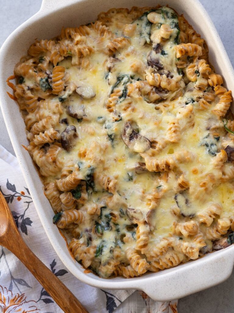Cheesy Cauliflower Bake in white pasta dish.