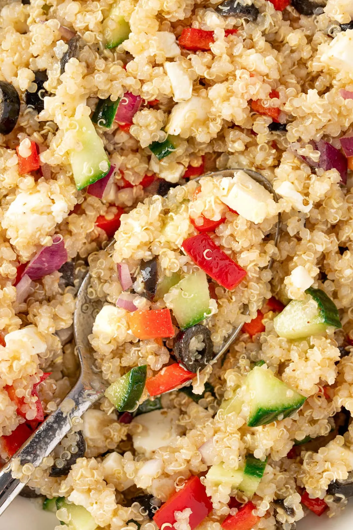 Mediterranean Quinoa Salad close up with spoon, easy vegan meal for new parents.