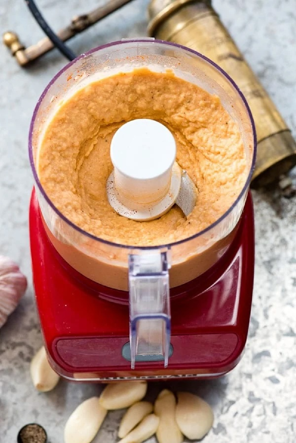 smoked paprika garlic bean dip in food processor.
