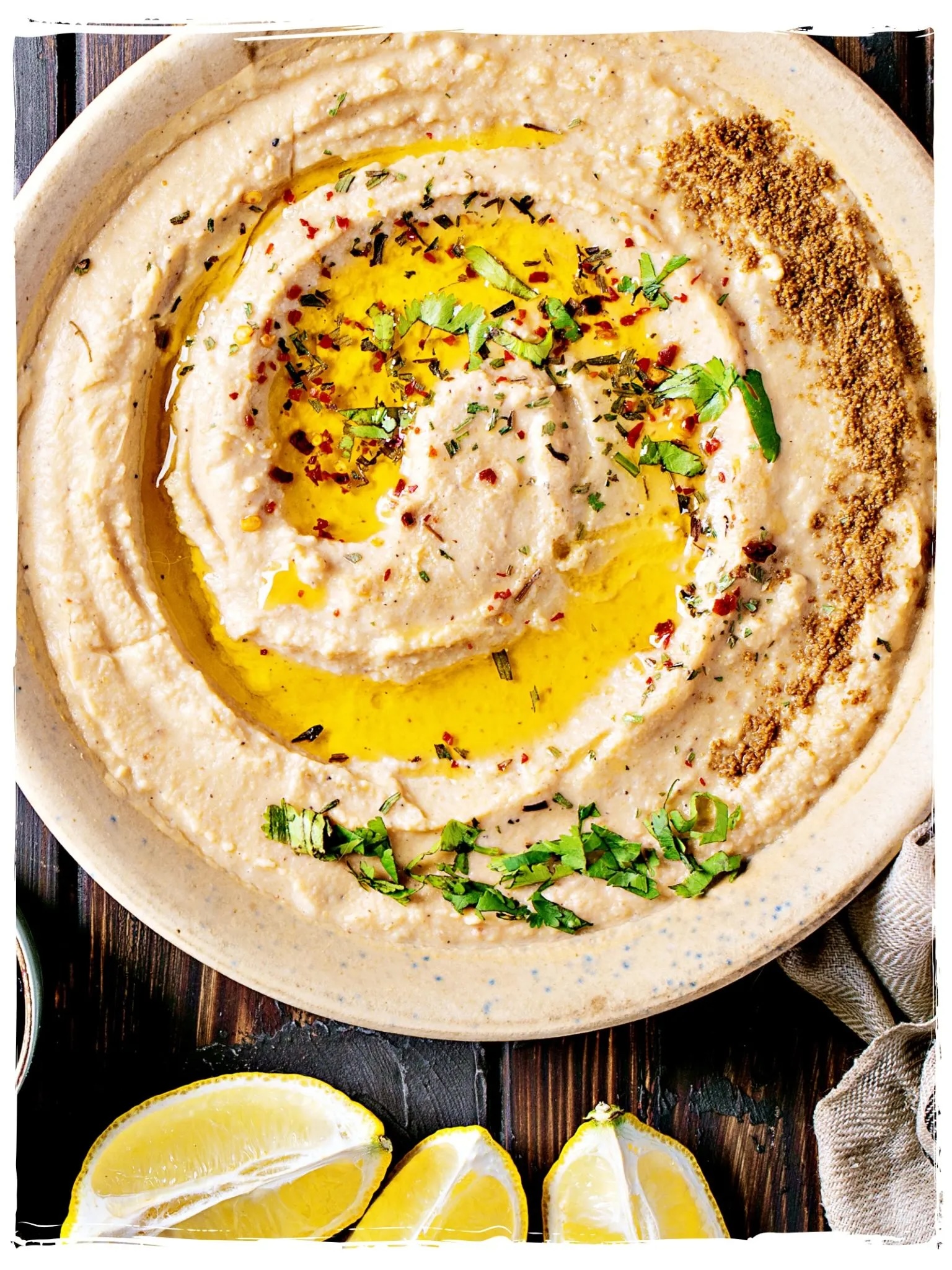 easy lemon hummus close up