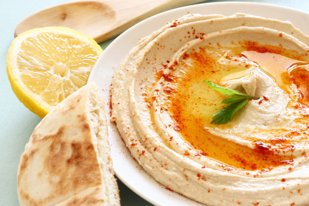 hummus with pita as baby shower appetizer.